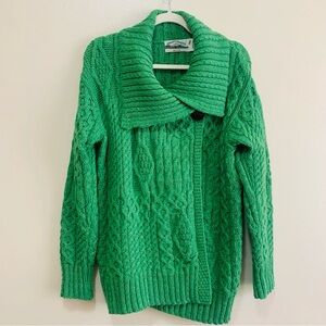Aran Crafts Merino Wool Emerald Green Cable Shawl-Collar Cardigan size large